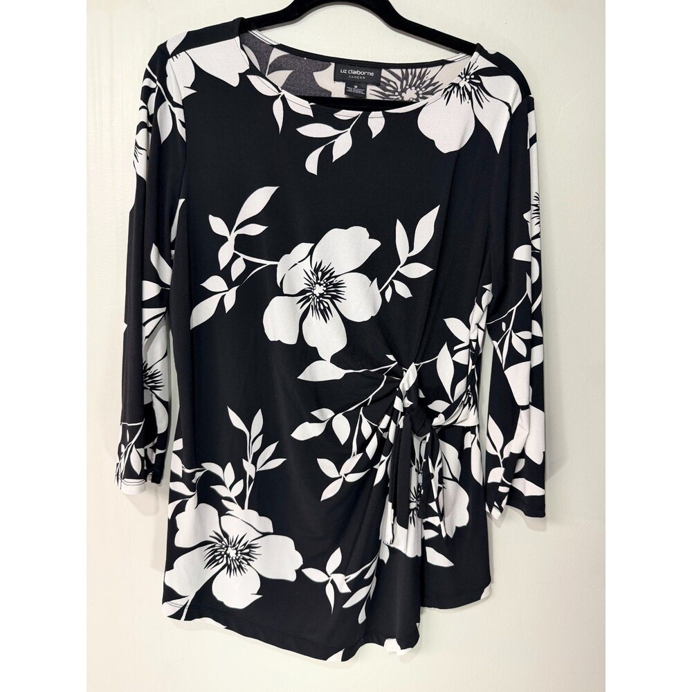 Liz Claiborne Career Womens M Black White Floral Wrap Style Top